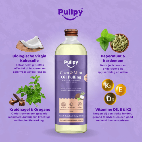 🚨 Opgelet: Pre - order alert! Pullpy Oil Pulling Coco & Mint met 8 Oliën + Vitamines D3, E & K2 | Zeg vaarwel tegen tandplak, slechte adem & gevoelig tandvlees - Pullpy