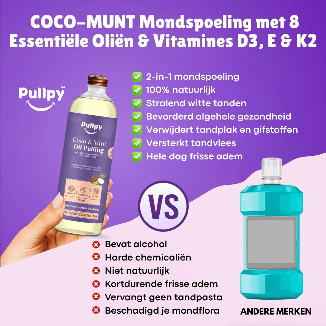 TRIPPLE Mondspoeling Coco - Munt Oil Pulling met 8 Essentiële Oliën & Vitamines D3, E & K2 | Zeg vaarwel tegen tandplak, slechte adem & gevoelig tandvlees - Pullpy
