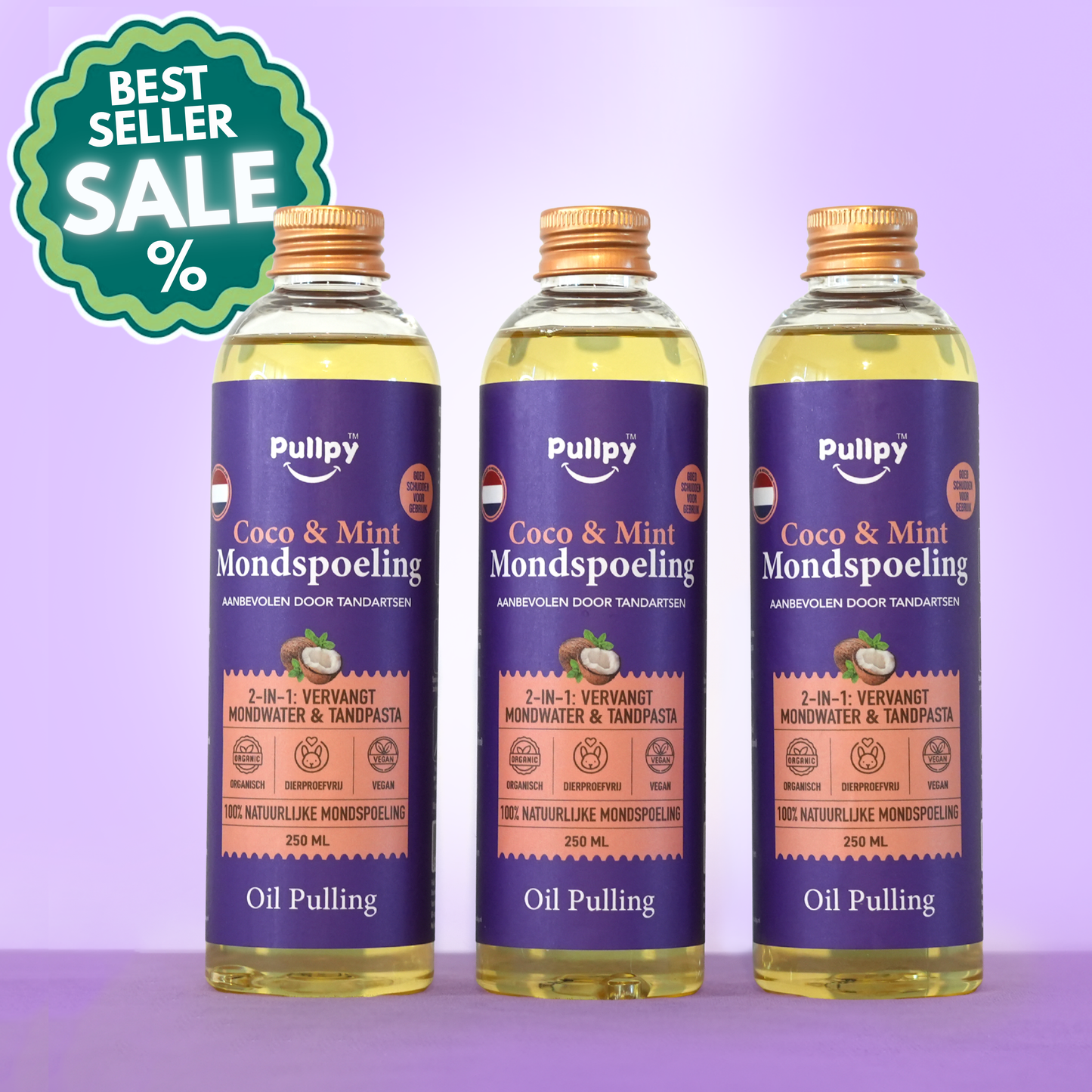 TRIPPLE Mondspoeling Coco-Munt Oil Pulling  met 8 Essentiële Oliën & Vitamines D3, E & K2 | Zeg vaarwel tegen tandplak, slechte adem & gevoelig tandvlees - Pullpy