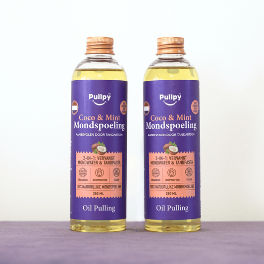 DUO Mondspoeling Coco - Munt Oil Pulling met 8 Essentiële Oliën & Vitamines D3, E & K2 | Zeg vaarwel tegen tandplak, slechte adem & gevoelig tandvlees - Pullpy