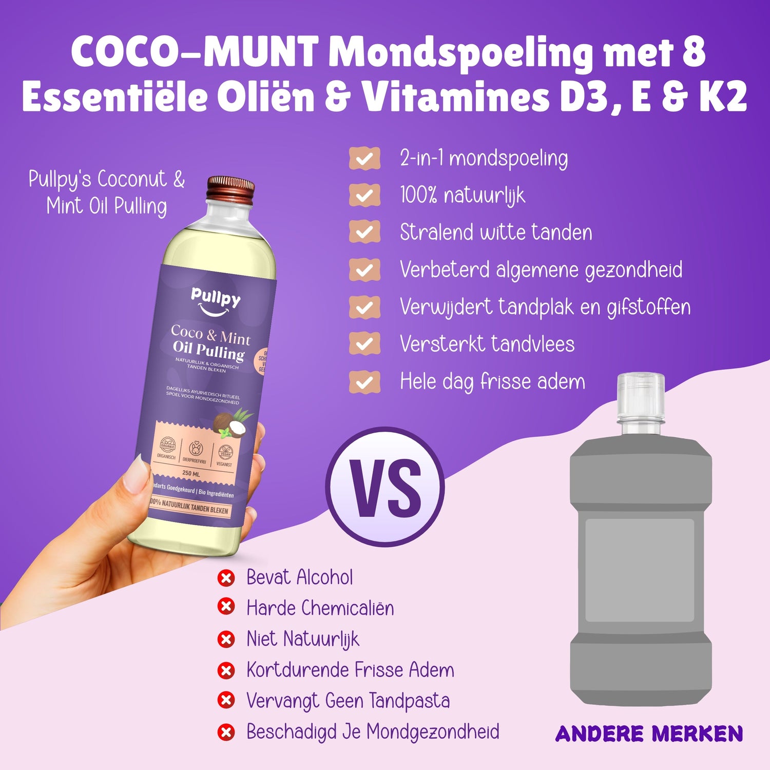 Pullpy Oil Pulling 1x 250ml – Coco & Mint met 8 Oliën + Vitamines D3, E & K2 | Zeg vaarwel tegen tandplak, slechte adem & gevoelig tandvlees - Pullpy