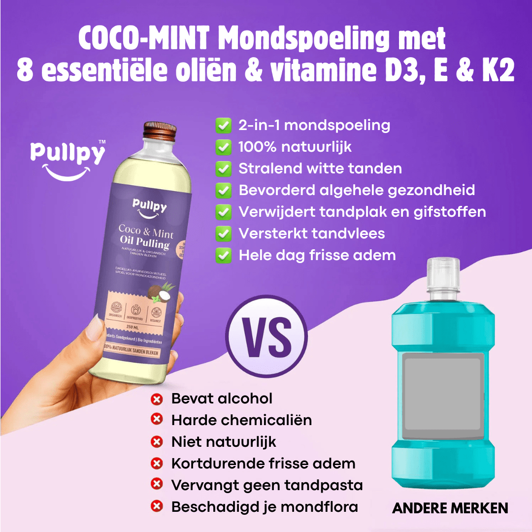 SINGLE Mondspoeling Coco - Munt Oil Pulling met 8 Essentiële Oliën & Vitamines D3, E & K2 | Zeg vaarwel tegen tandplak, slechte adem & gevoelig tandvlees - Pullpy
