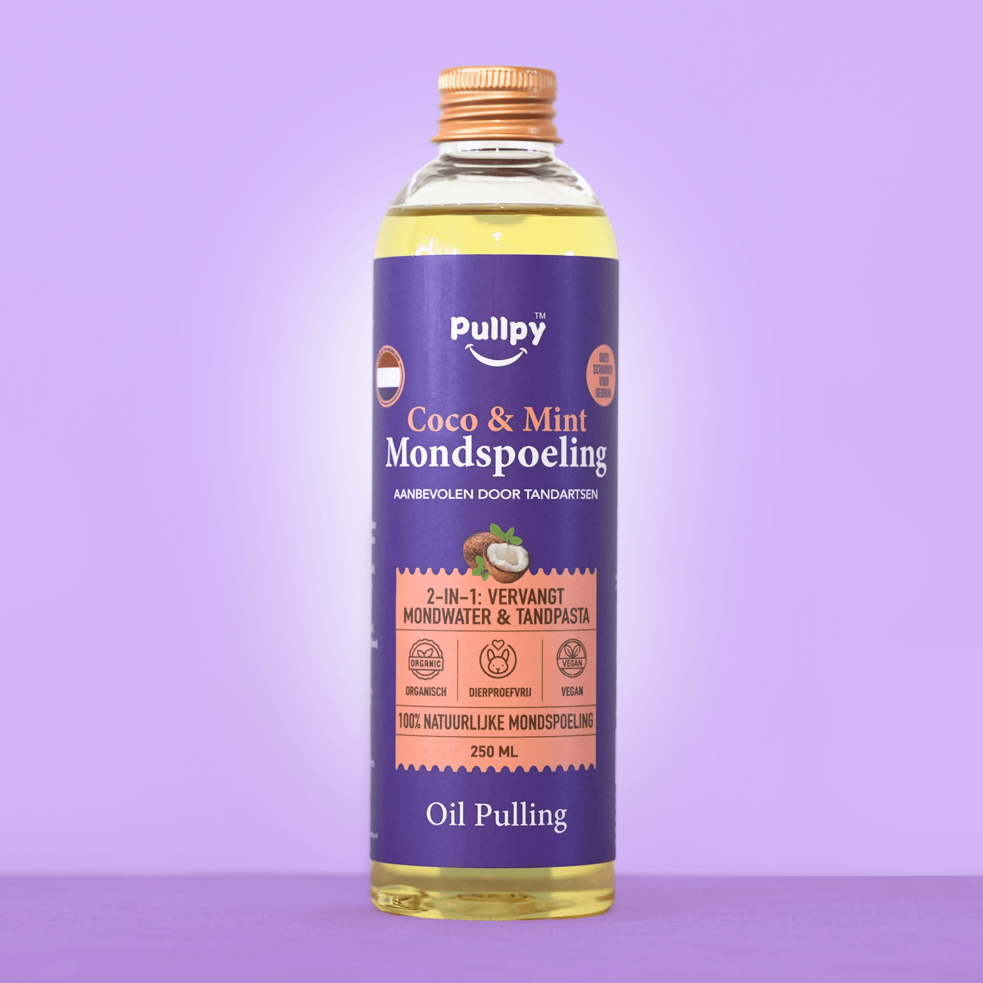 SINGLE Mondspoeling Coco - Munt Oil Pulling met 8 Essentiële Oliën & Vitamines D3, E & K2 | Zeg vaarwel tegen tandplak, slechte adem & gevoelig tandvlees - Pullpy
